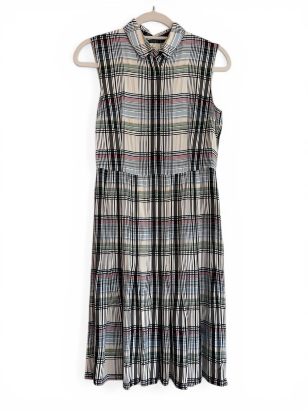AKRIS PUNTO Sleeveless Plaid Collared Midi Dress - Cream Multi Size 6